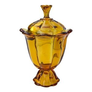 Vintage Viking Glass Amber Lidded Hand Blown 8 Petal Candy Dish MCM Rare